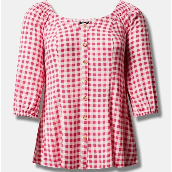 Torrid Fit & Flare Rayon Slub Button Up 3/4 Sleeve Pink Gingham Top - Picture 5 of 14